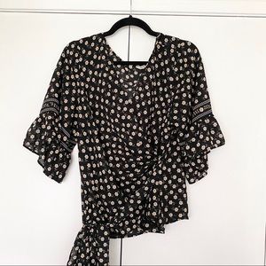 Max Studio Black Floral Wrap Around Blouse